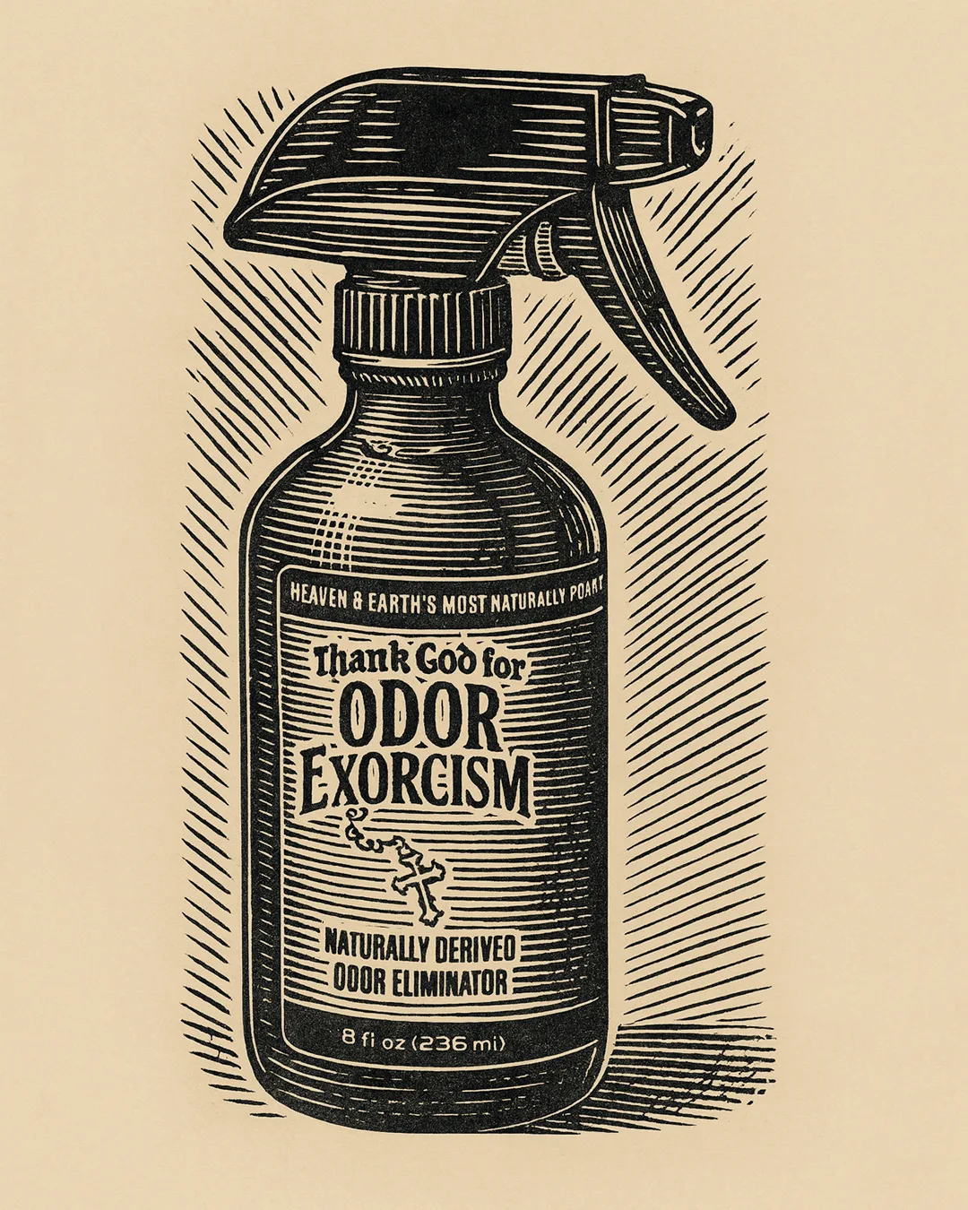 Graphic depicting a bottle of all-natural odor eliminator Odor Exorcism.