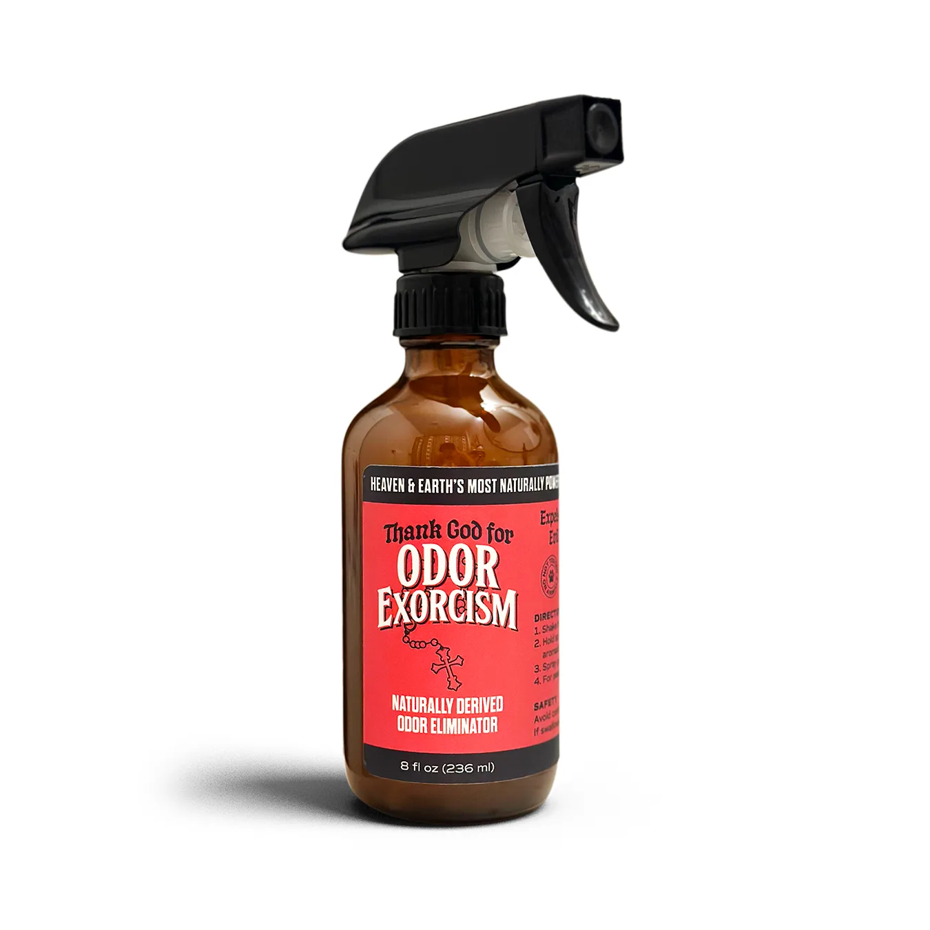Graphic depicting a bottle of all-natural odor eliminator Odor Exorcism.