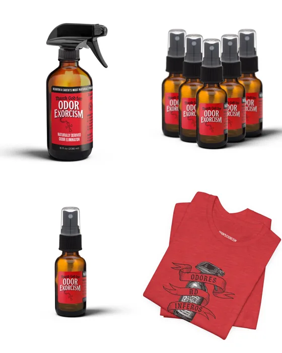 Graphic depicting a bottle of all-natural odor eliminator Odor Exorcism.