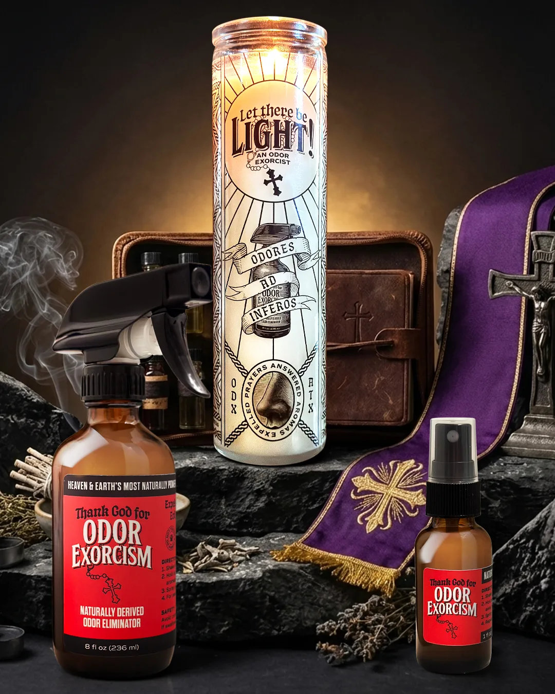 Graphic depicting a bottle of all-natural odor eliminator Odor Exorcism.