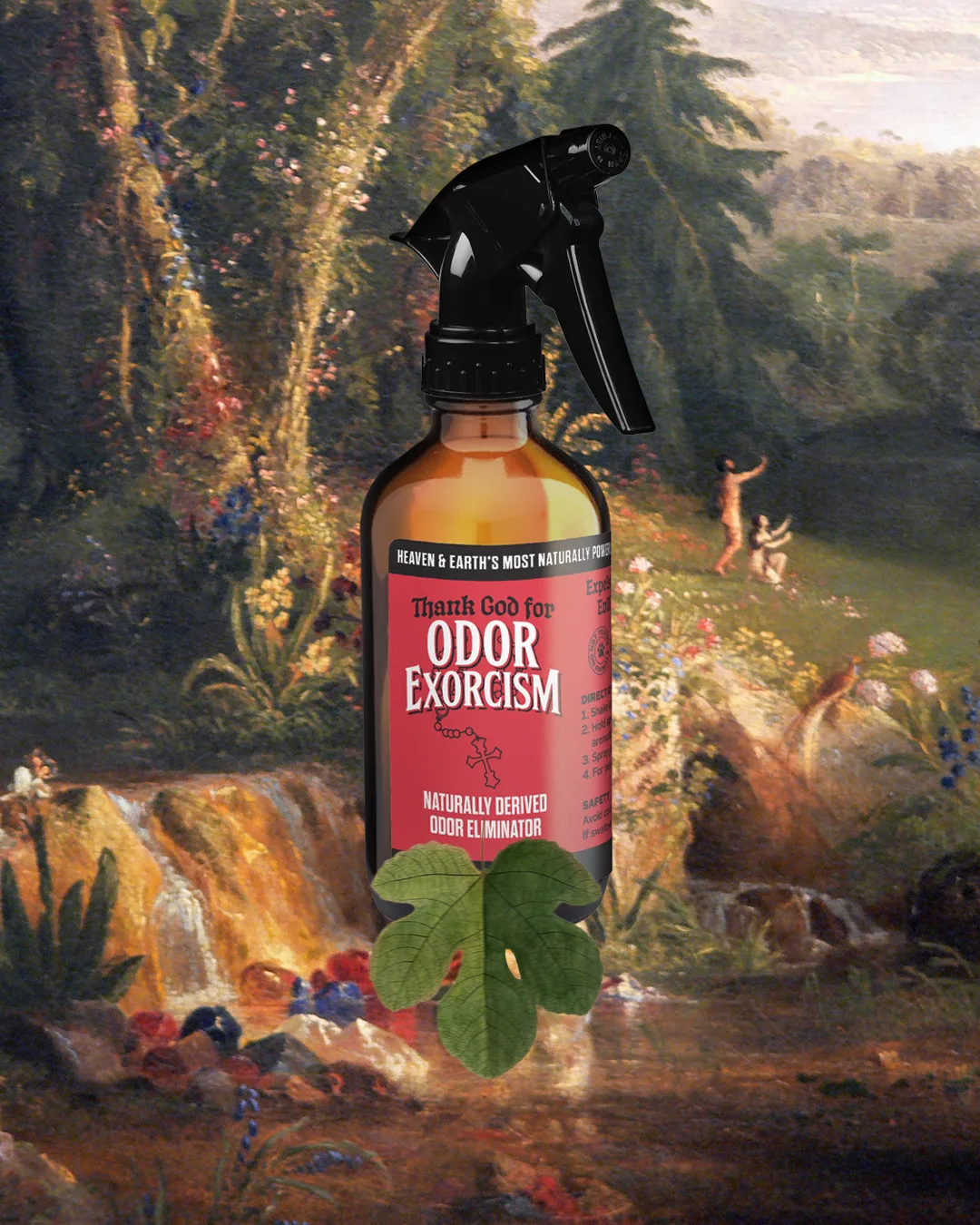 A painting of a bottle of Odor Exorcism in the Garden of Eden.