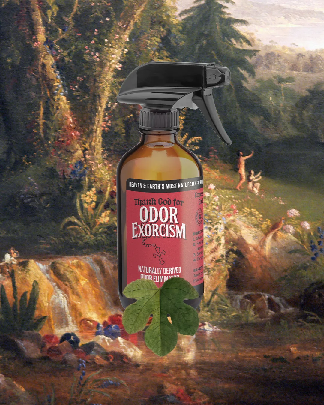 A painting of a bottle of Odor Exorcism in the Garden of Eden.