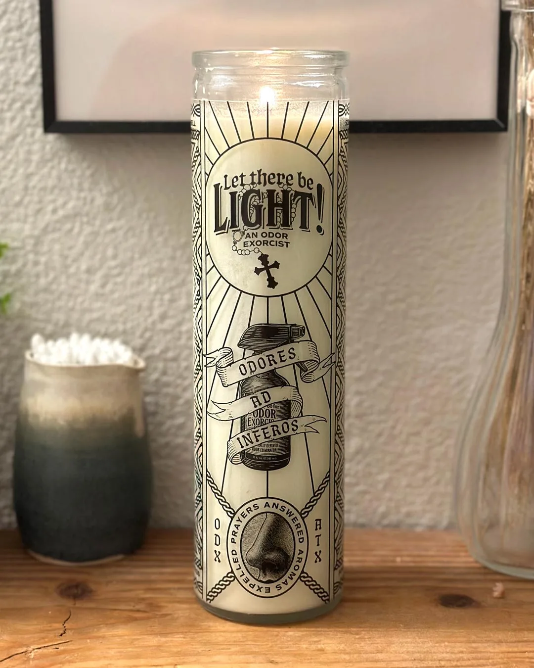 A 12 oz 100% soy wax all-natural, fragrance-free candle burning.